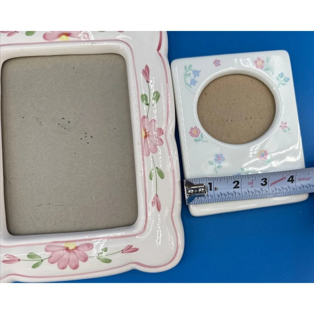 Vtg 2 Ceramic Picture Frames Pink Floral Tabletop Cottagecore Country Farm House